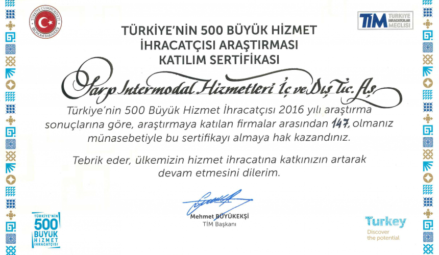 Sarp Intermodal, Türkiye’nin En Büyük 500 Hizmet İhracatçısı Arasında Yer Aldı!