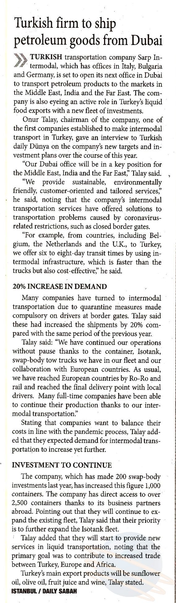 Turkish Firm, Sarp Intermodal, to Ship Petroleum Goods From Dubai // Daily Sabah