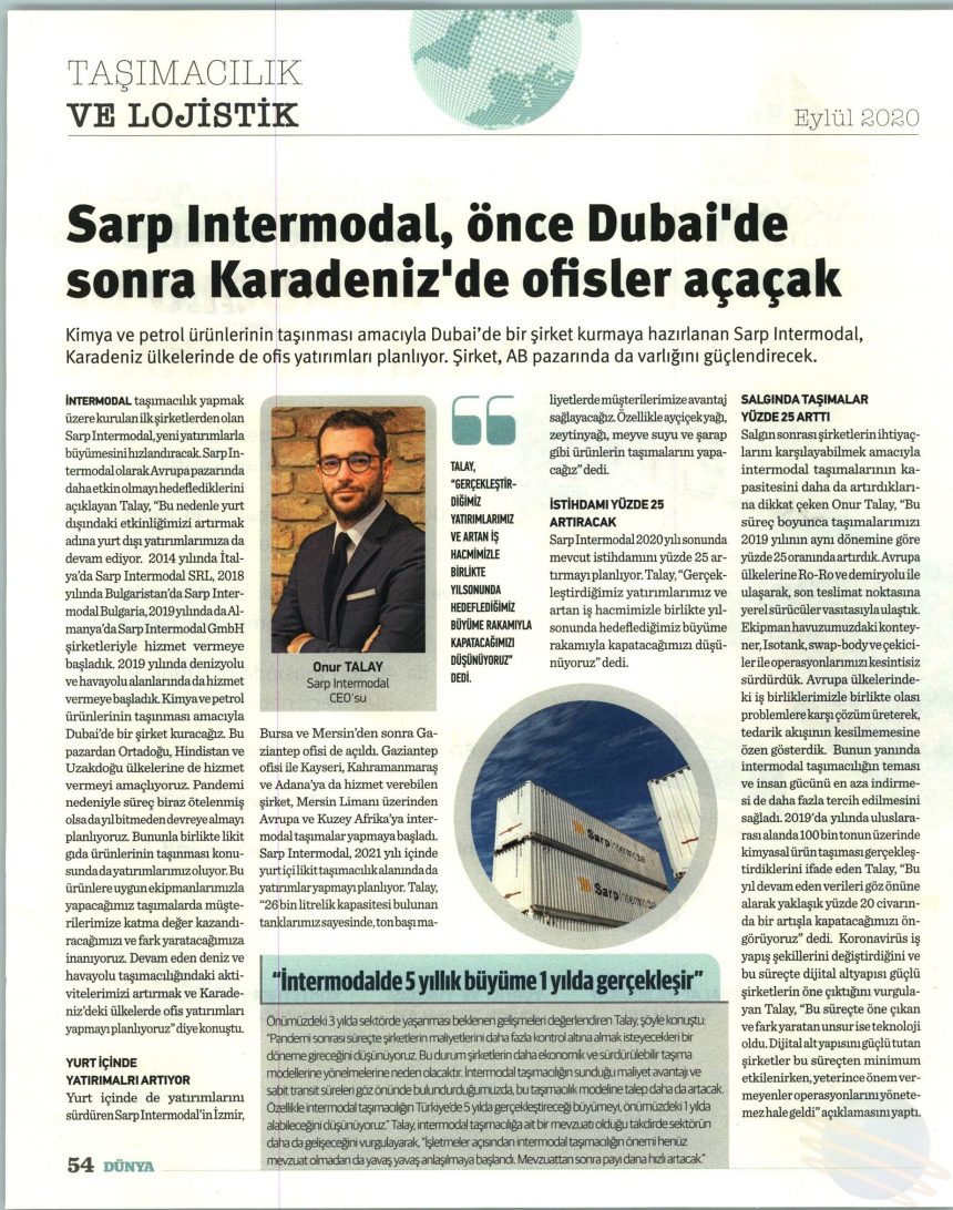Sarp Intermodal Dubai ve Karadeniz’de Ofisler Açacak // Dünya Gazetesi